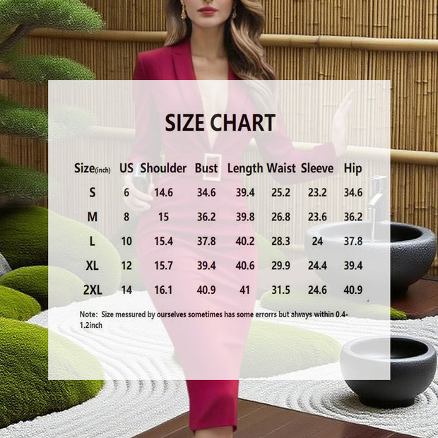 Women's Solid Color Blazer V-Neck Dress With Belt - Slim Fit Formal Midi Dress For Spring&Fall