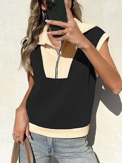 Women’s Color Block Half-Zip Short Sleeve Pullover – V-Neck Summer Top