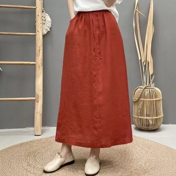 Lace-up Linen Back Slit High Waist Skirt