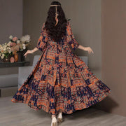 Women’s Middle Eastern Boho Maxi Dress – Geometric Print, V-Neck & Embroidery