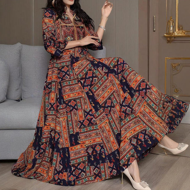 Women’s Middle Eastern Boho Maxi Dress – Geometric Print, V-Neck & Embroidery
