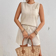 Solid Color Sleeveless Round Neck Vest Shorts Set