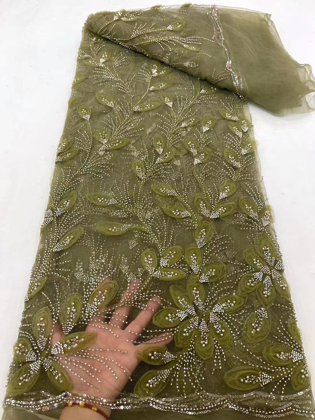 Ribbon Flower Beaded Tulle Lace Fabric Cocktail Party Occasion Evening Dress Embroidered Cloth Lace 1111