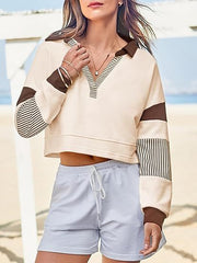 Women’s Color Block Long Sleeve Crop Top – V-Neck Polo Pullover Sweatshirt