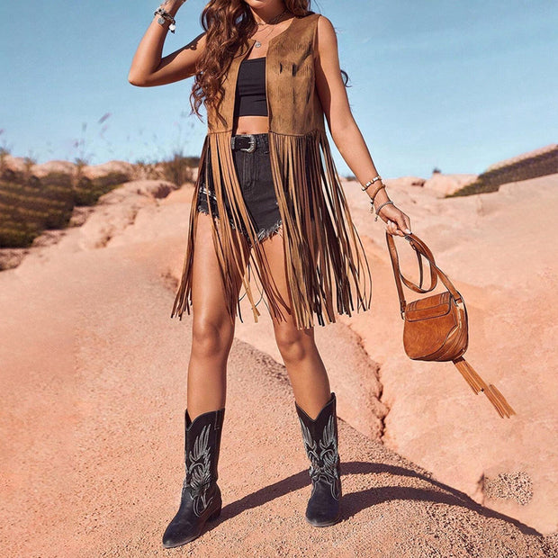 Women’s Solid Color Fringe Vest – Round Neck with Boho Tassels