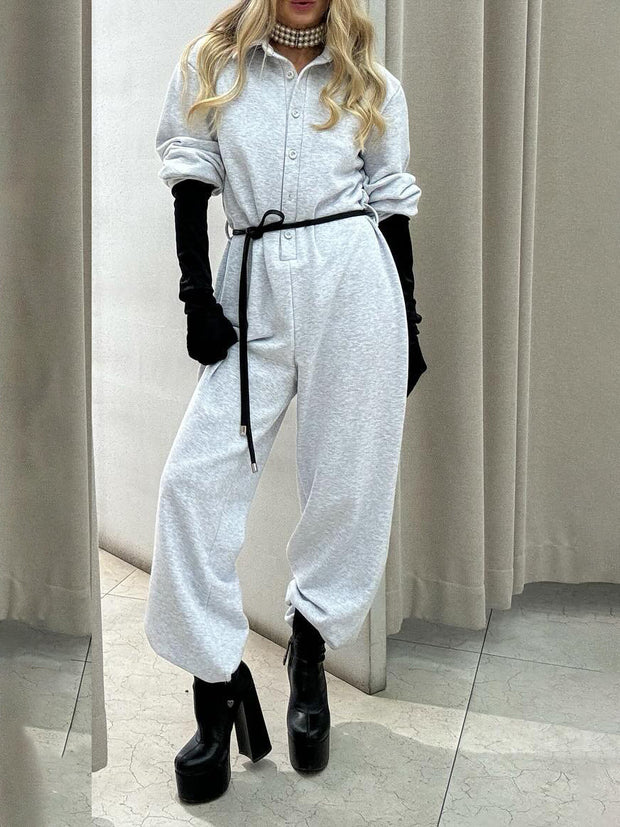 Grey Collared  Long Sleeves Oversized Jumpsuit