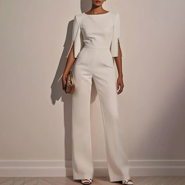 Women’s Round Neck Jumpsuit – Mid-Sleeve with Pearl Accents & Back Zipper