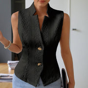 Women’s Sleeveless Stand Collar Vest – Ribbed, Button-Detail Outerwear