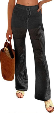 Women's Boho Crochet Beach Cover-Up Pants – Sheer High-Waist Swimwear with Drawstring
