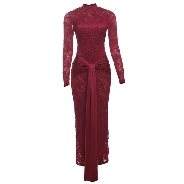 Lace Stitching Round-neck Long-sleeved Dress 11111