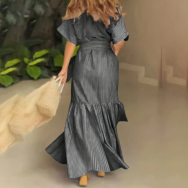 Women’s Striped Button-Down Maxi Shirt Dress – Tie Waist, Short Sleeves & Pockets