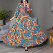 Women’s Middle Eastern Boho Maxi Dress – Geometric Print, V-Neck & Embroidery