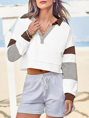 Women’s Color Block Long Sleeve Crop Top – V-Neck Polo Pullover Sweatshirt