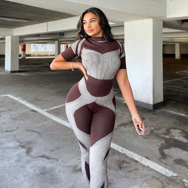 Women's New Printed Contrast Casual Sports Jumpsuit