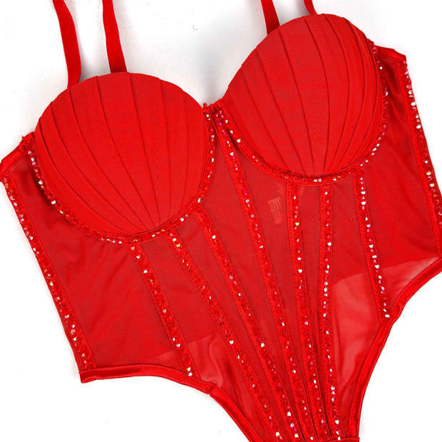 Sexy Mesh Rhinestone Bustier – Braces, Breast Pads & Fishbone Support