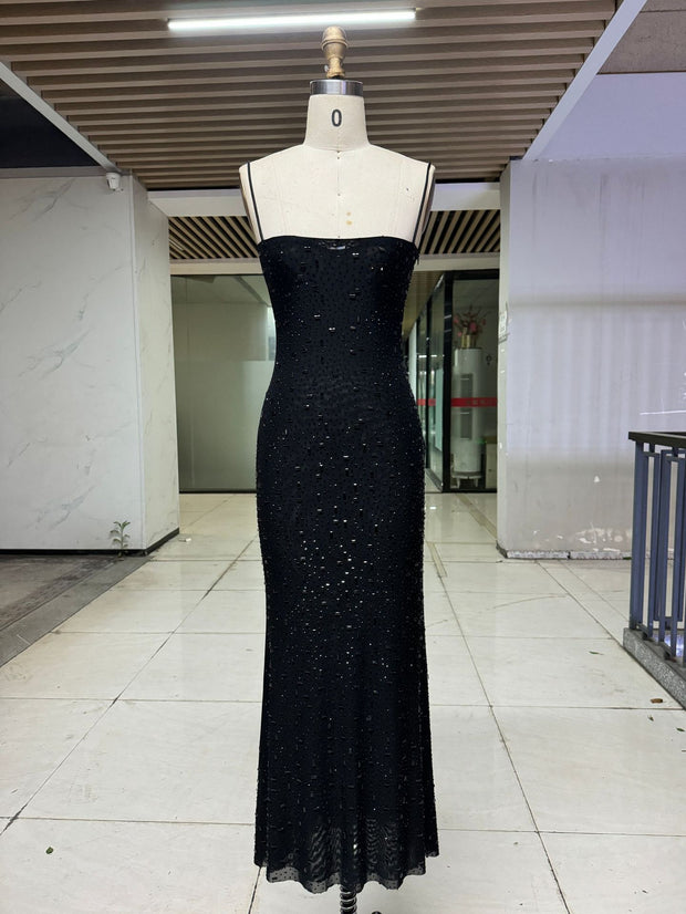 Women’s Nude & Black Sequin Spaghetti Strap Dress – Slim Fit Long Party Gown