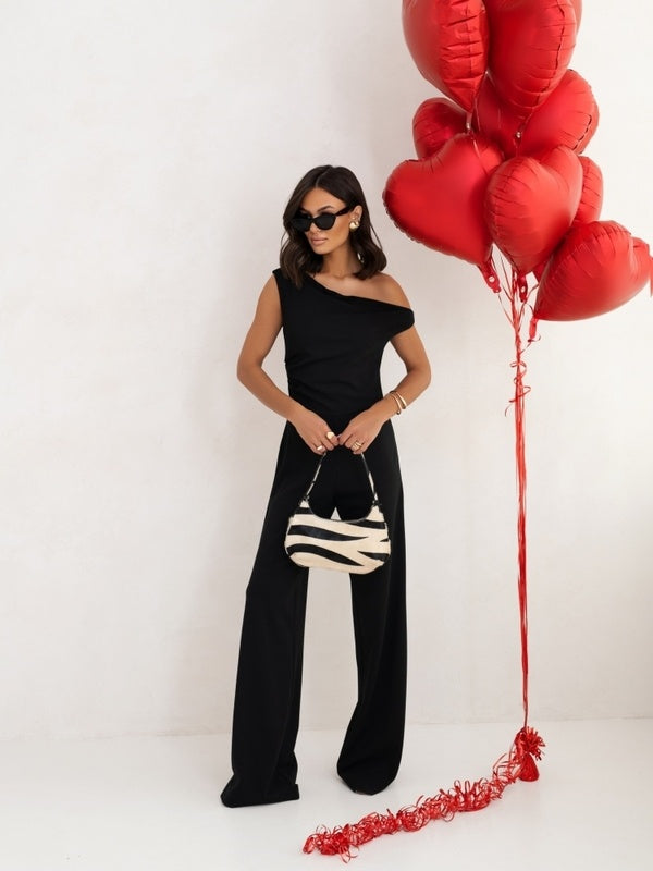 Women’s Elegant Straight-Leg Jumpsuit – Falling Straps, Side Zipper