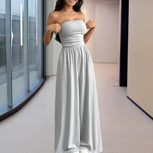 Women’s Strapless Wide-Leg Jumpsuit – Pleated Summer Outfit