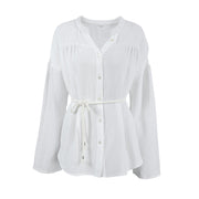 White Cotton Bubble Crepe Belt Small Stand Collar Shirt