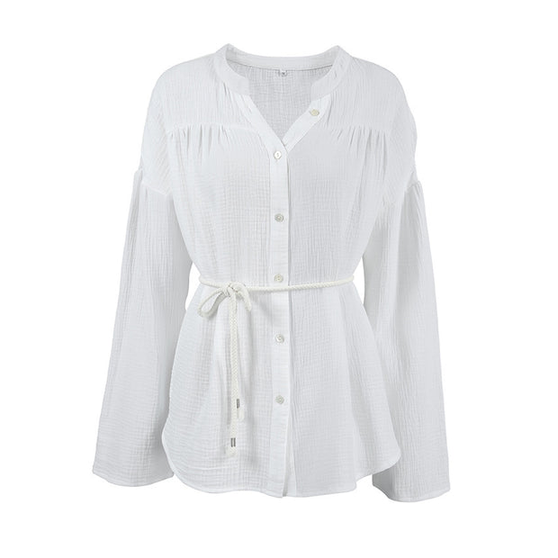 White Cotton Bubble Crepe Belt Small Stand Collar Shirt