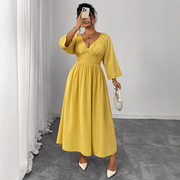 Deep V-neck Yellow High Waist Slimming Dress 111