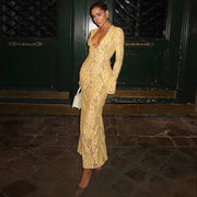 European And American Style Sexy Female Deep V Long Sleeve Mesh Lace Hollow Dress 111