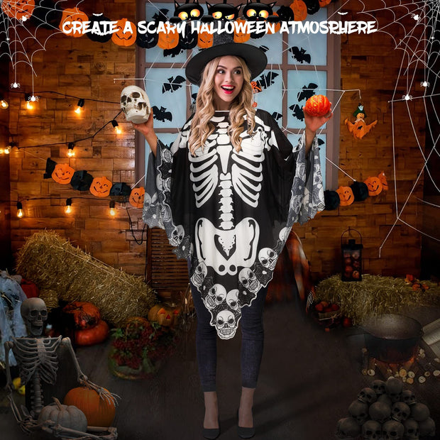 Women’s Halloween Lace Skeleton Poncho – Plus Size Cape, 59 x 59 Inches