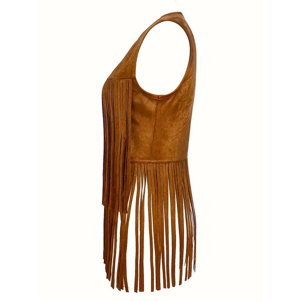 Women’s Fringe Vest – Sleeveless 70s Hippie Faux Suede Tassel Jacket