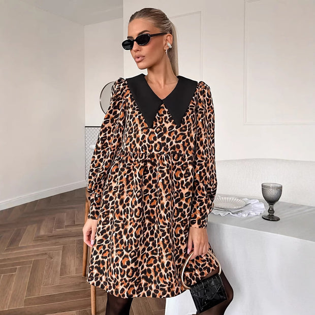 Leopard Print Printing Lapel Stitching Dress European And American 111