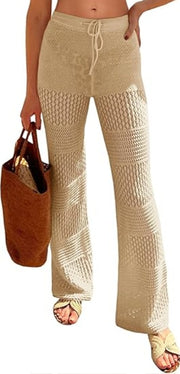 Women's Boho Crochet Beach Cover-Up Pants – Sheer High-Waist Swimwear with Drawstring