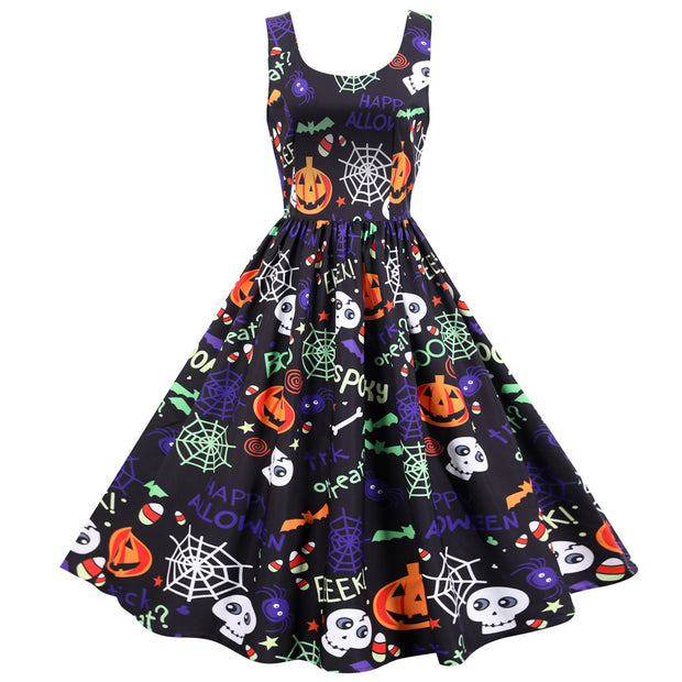 Halloween Rock And Roll Sleeveless Floral Dresses 1111