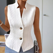 Women’s Sleeveless Stand Collar Vest – Ribbed, Button-Detail Outerwear
