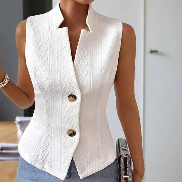 Women’s Sleeveless Stand Collar Vest – Ribbed, Button-Detail Outerwear
