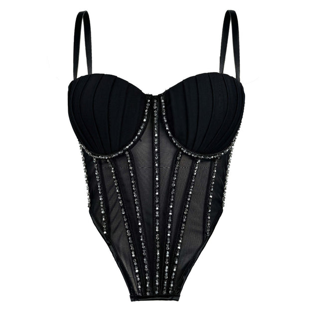 Sexy Mesh Rhinestone Bustier – Braces, Breast Pads & Fishbone Support