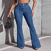 Front And Rear Stitching High Slimming Elastic Mid-waist Flared Jeans