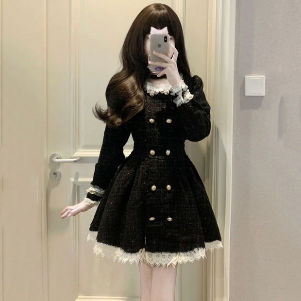 Black Style Ruffled Breasted Long Sleeve Waist Dress
