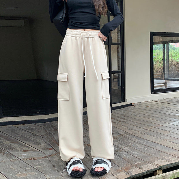 High Waist Straight Large Pocket Loose Drawstring Ankle-tied Sports Pants