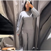 Fashion Long Sleeve O-neck Pleated Top Wide Leg Pants Women's Suit