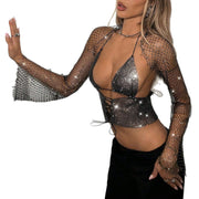 Fishnet Rhinestone Camisole Top Drawstring Vest