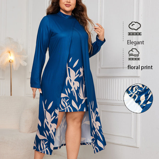 Fake Two-piece Turtleneck Long Sleeve Asymmetric Dress Women 1111