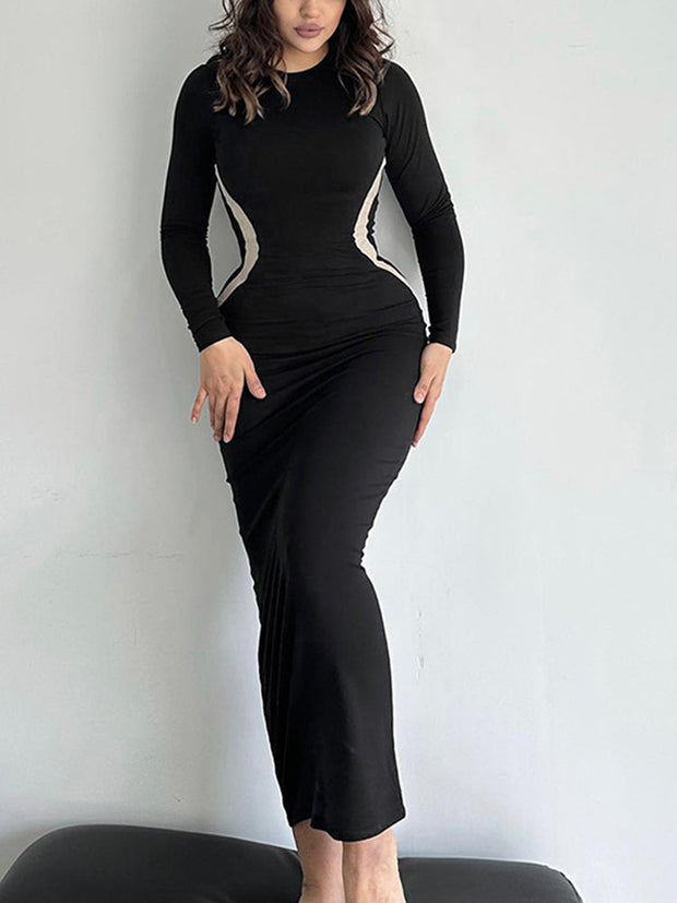 Women's Fashion Solid Color Round Neck Long Sleeve Skinny Hip Skirt