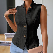 Women’s Sleeveless Stand Collar Vest – Ribbed, Button-Detail Outerwear