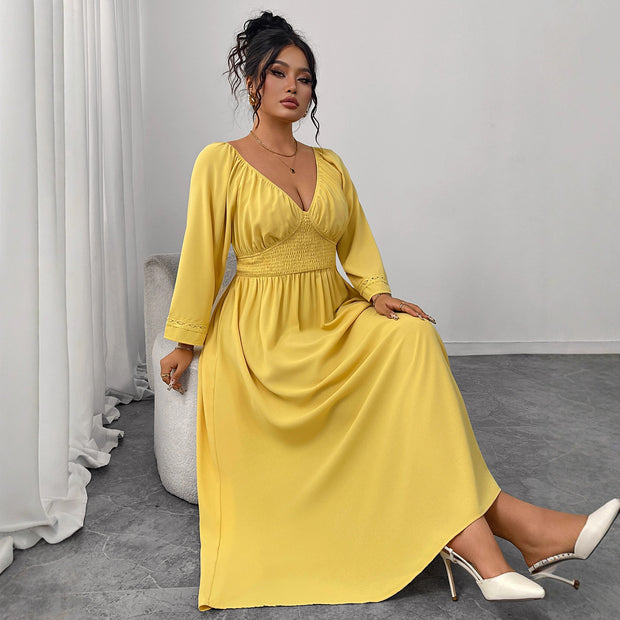 Deep V-neck Yellow High Waist Slimming Dress 111