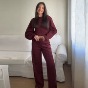 Fashion Long Sleeve O-neck Pleated Top Wide Leg Pants Women's Suit