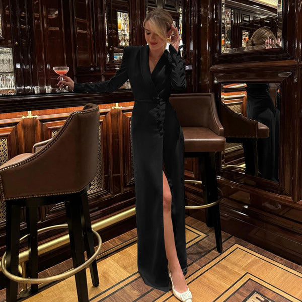 V-neck Long Sleeve High Waist Slit French Dress 111
