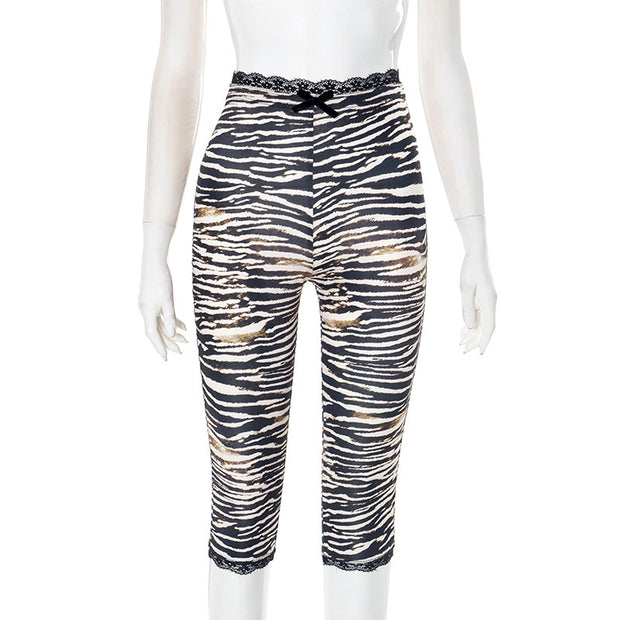 Sexy Lace Leopard Print Cropped Tight Straight-leg Pants
