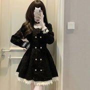 Black Style Ruffled Breasted Long Sleeve Waist Dress