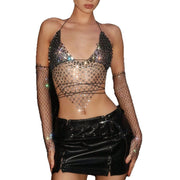 Fishnet Rhinestone Sling Top Two-piece Stitching