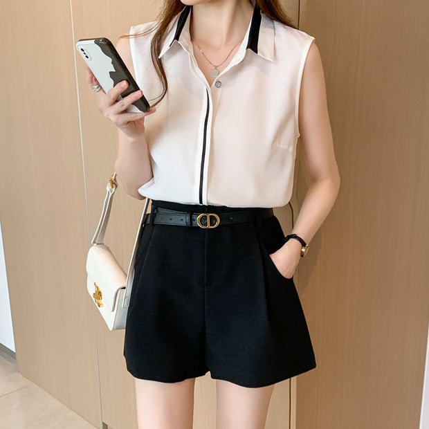 Women’s Contrast Color Chiffon Waistcoat – Sleeveless Casual Outerwear Top