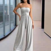 Women’s Strapless Wide-Leg Jumpsuit – Pleated Summer Outfit
